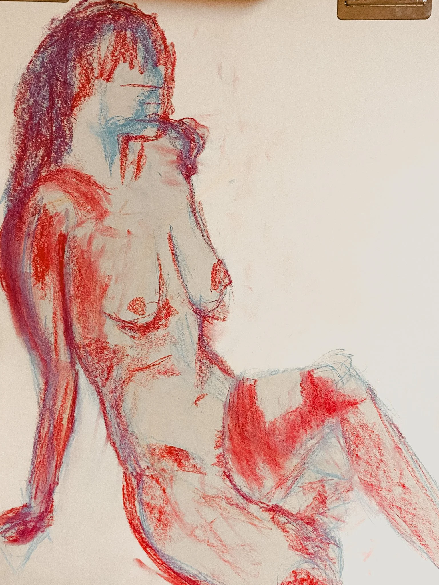  Allissa Sanchez  
 "Women Sitting"  
Life Drawing, Fall 2024 
Color Chalk on Paper, 18 x 24  
 Description:  "Women Sitting" explores the nude figure as a natural form, unfiltered, grounded, and deeply connected to the earth. A seated pose on the gr