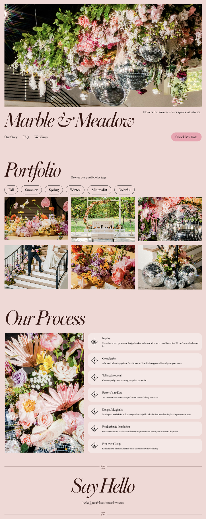 A screenshot of the full home page layout of the concept site for Marble & Meadow studio