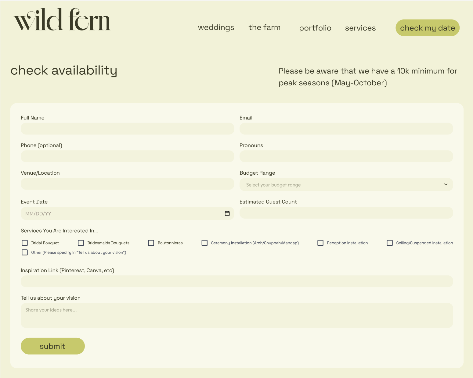 Wild Fern: Inquiry Page. Headline reads "Check Availability"