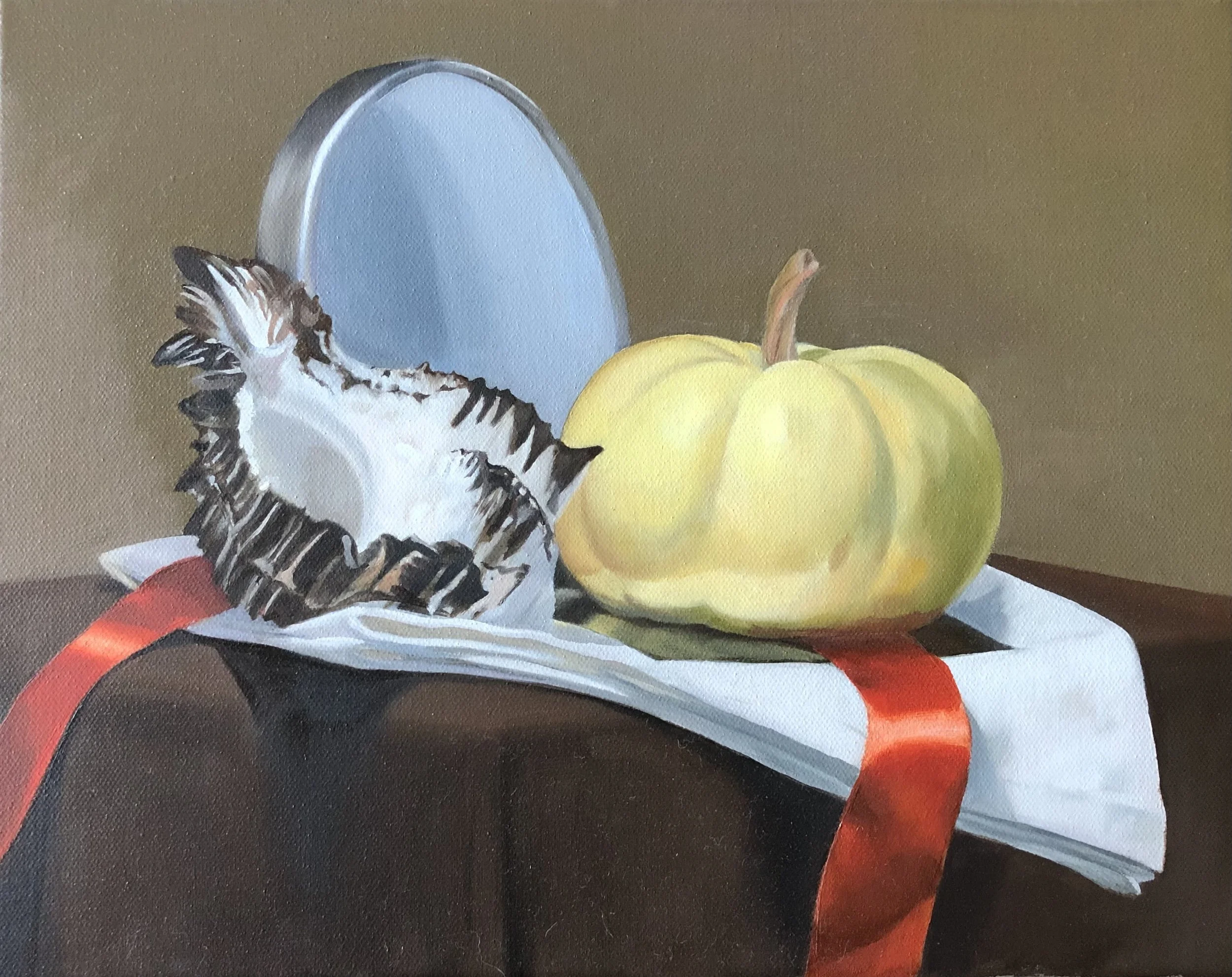 Still life with mirror, shell, pumpkin