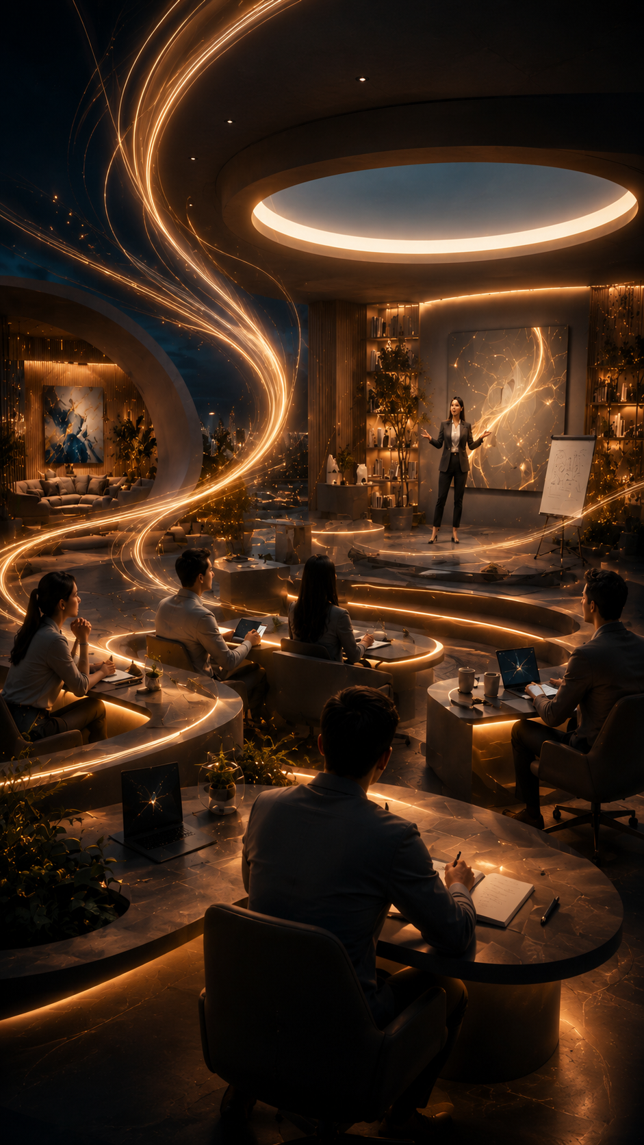 A woman presents on a stage in a modern, stylish conference room with futuristic lighting effects and swirling light trails.
