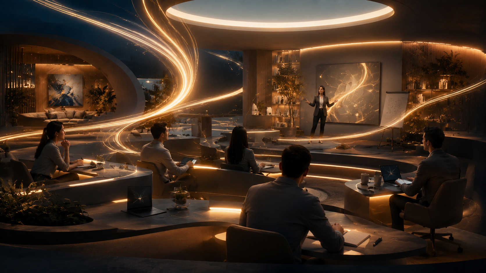 A woman giving a presentation to an audience in a dark, modern conference room with swirling light effects and abstract visuals projected on a screen.