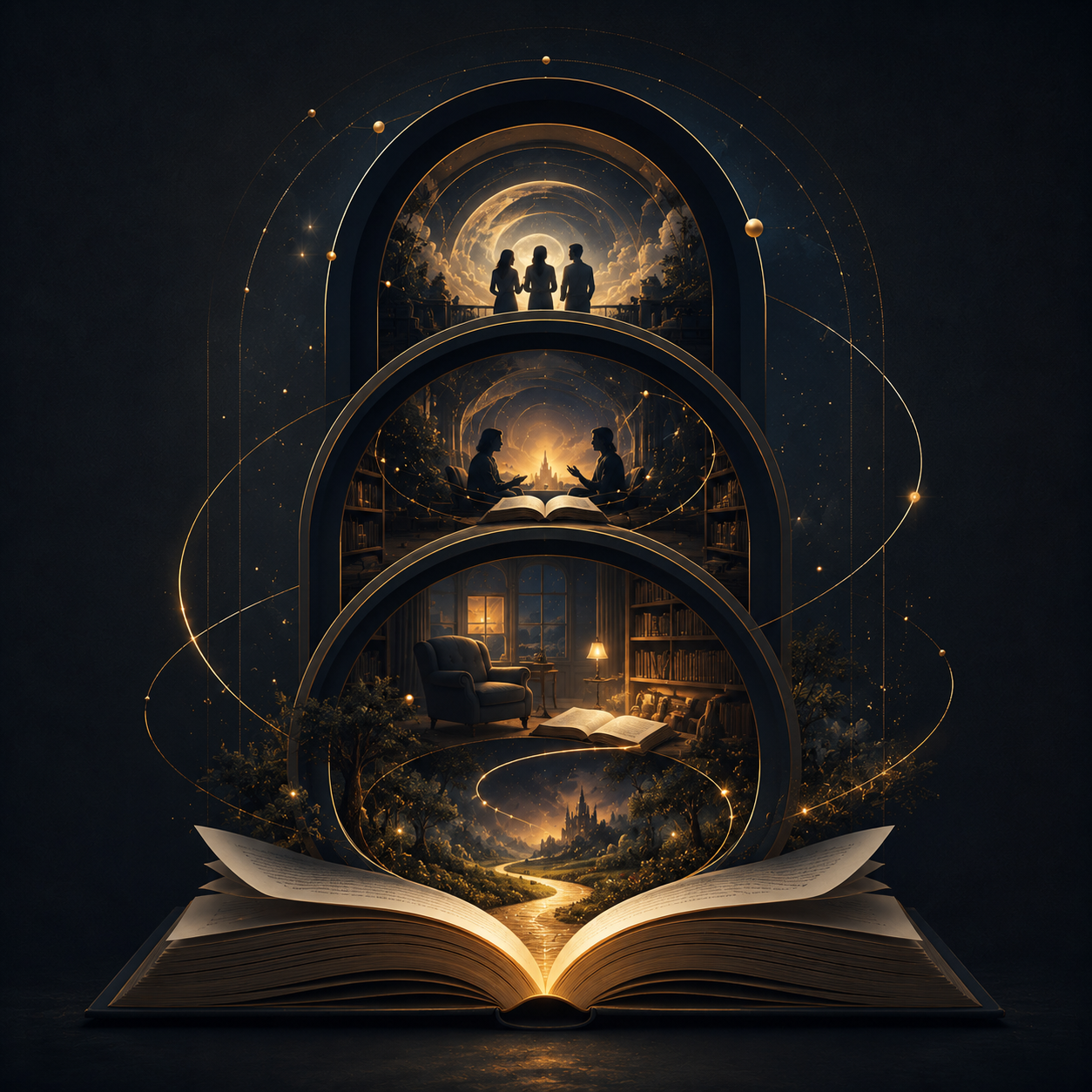An open book at the bottom with a glowing landscape of a castle, river, and trees inside it, surrounded by floating arches containing scenes of a library, conversations, and a sunset sky with clouds and celestial objects, all connected by glowing lines.