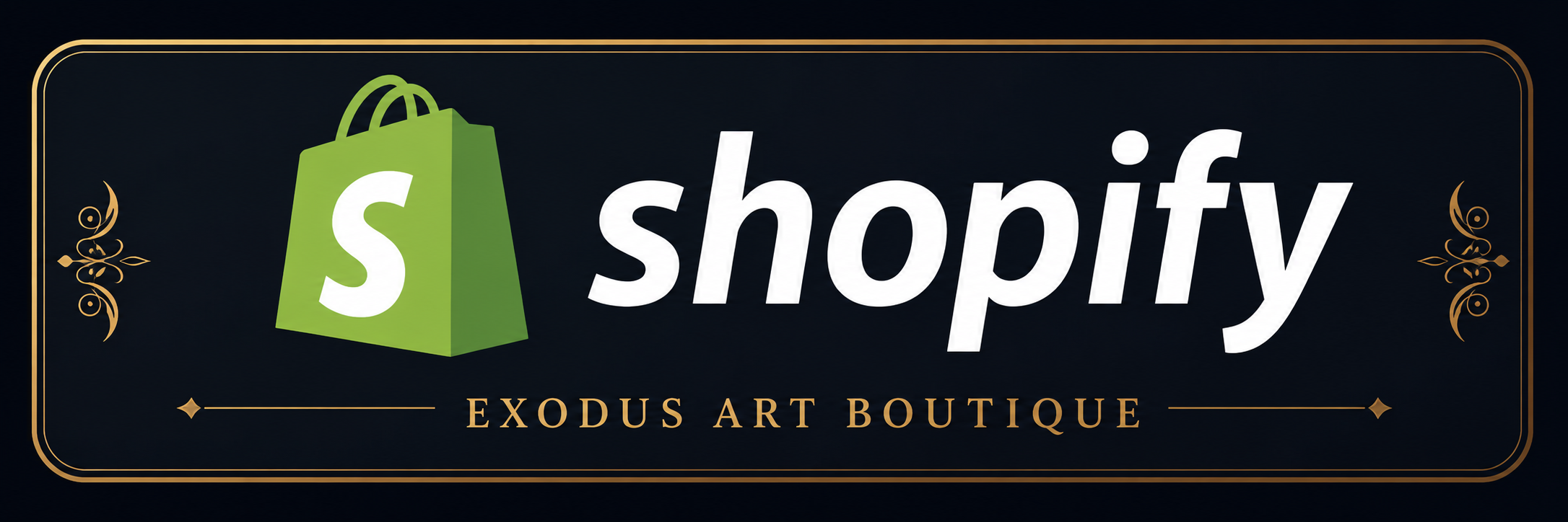 Logo of Shopify Exodus Art Boutique with a green shopping bag and the word 'shopify' on a dark background.