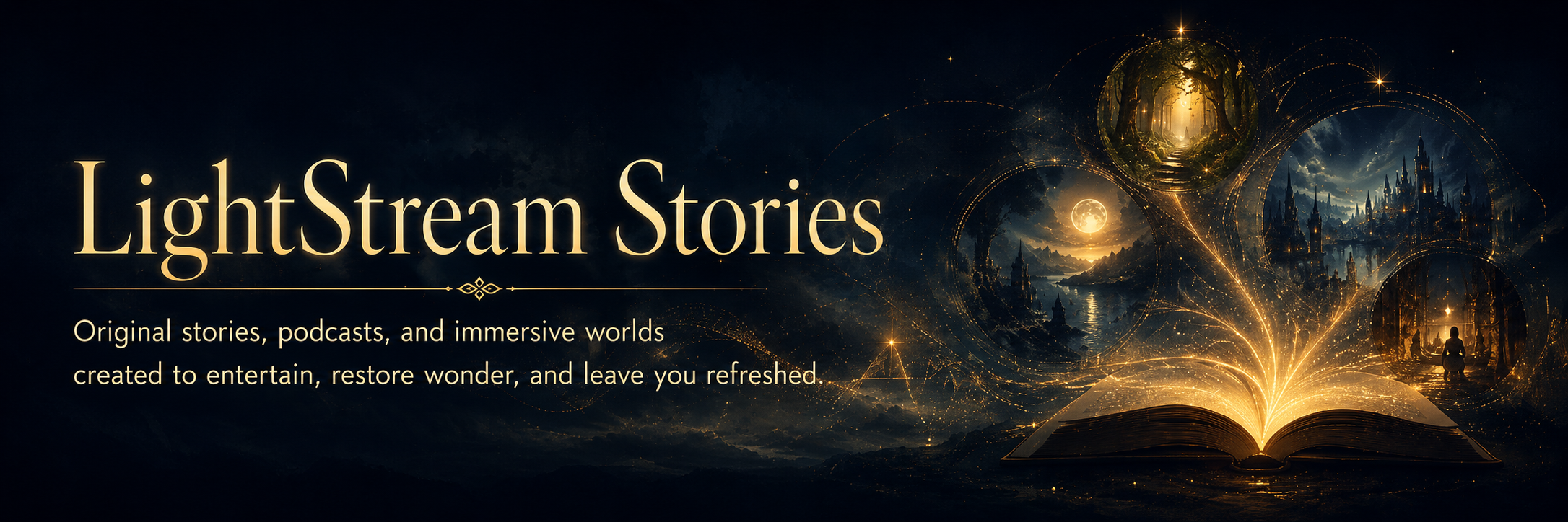Digital artwork promoting Lightstream Stories, featuring an open book from which golden light emanates, forming imaginary worlds with castles, forests, a full moon, and a person meditating, over a dark night sky background.