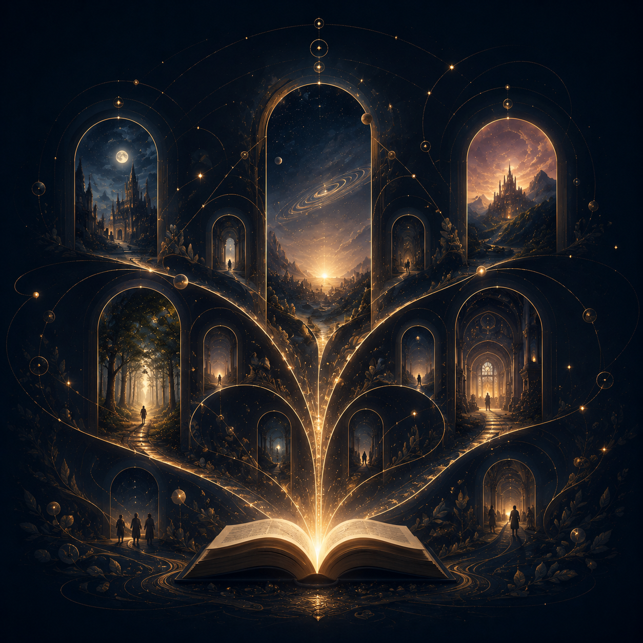 A fantasy illustration of an open book with glowing pages, from which various mystical landscapes and corridors emerge, featuring castles, forests, and celestial elements like stars and galaxies.