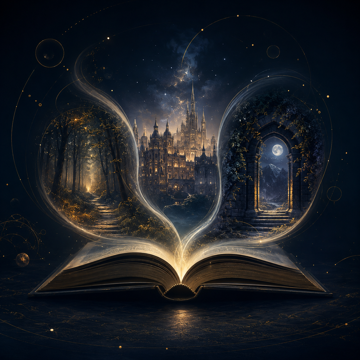 An open magical book with glowing pages, from which a fantasy scene emerges. The scene includes a mystical forest path, a grand castle, and a moonlit mountain landscape, all floating in a dreamlike space with swirling golden lights and stars.