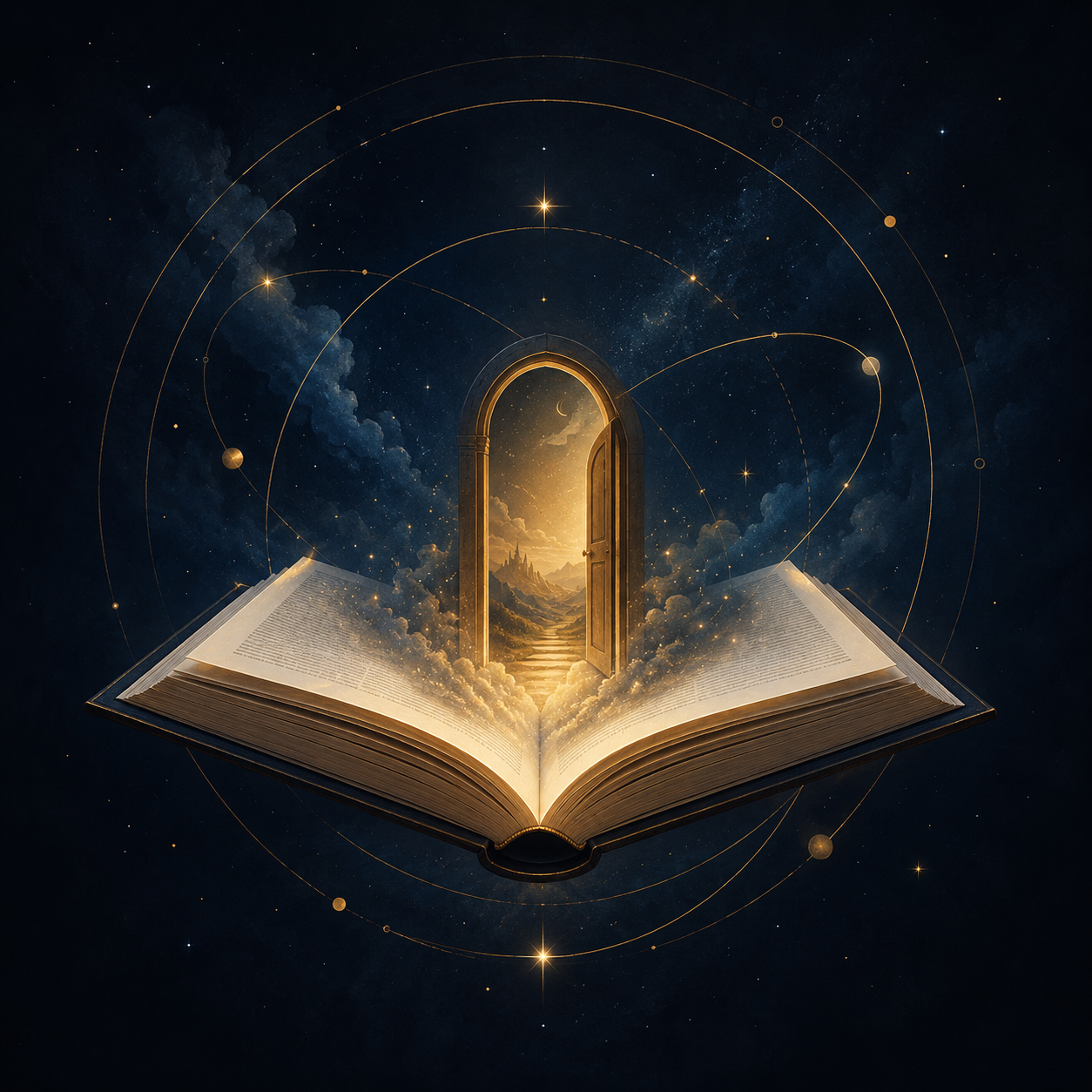An open book with a glowing doorway opening to a fantasy landscape of mountains and a cloudy sky, surrounded by stars and cosmic patterns.