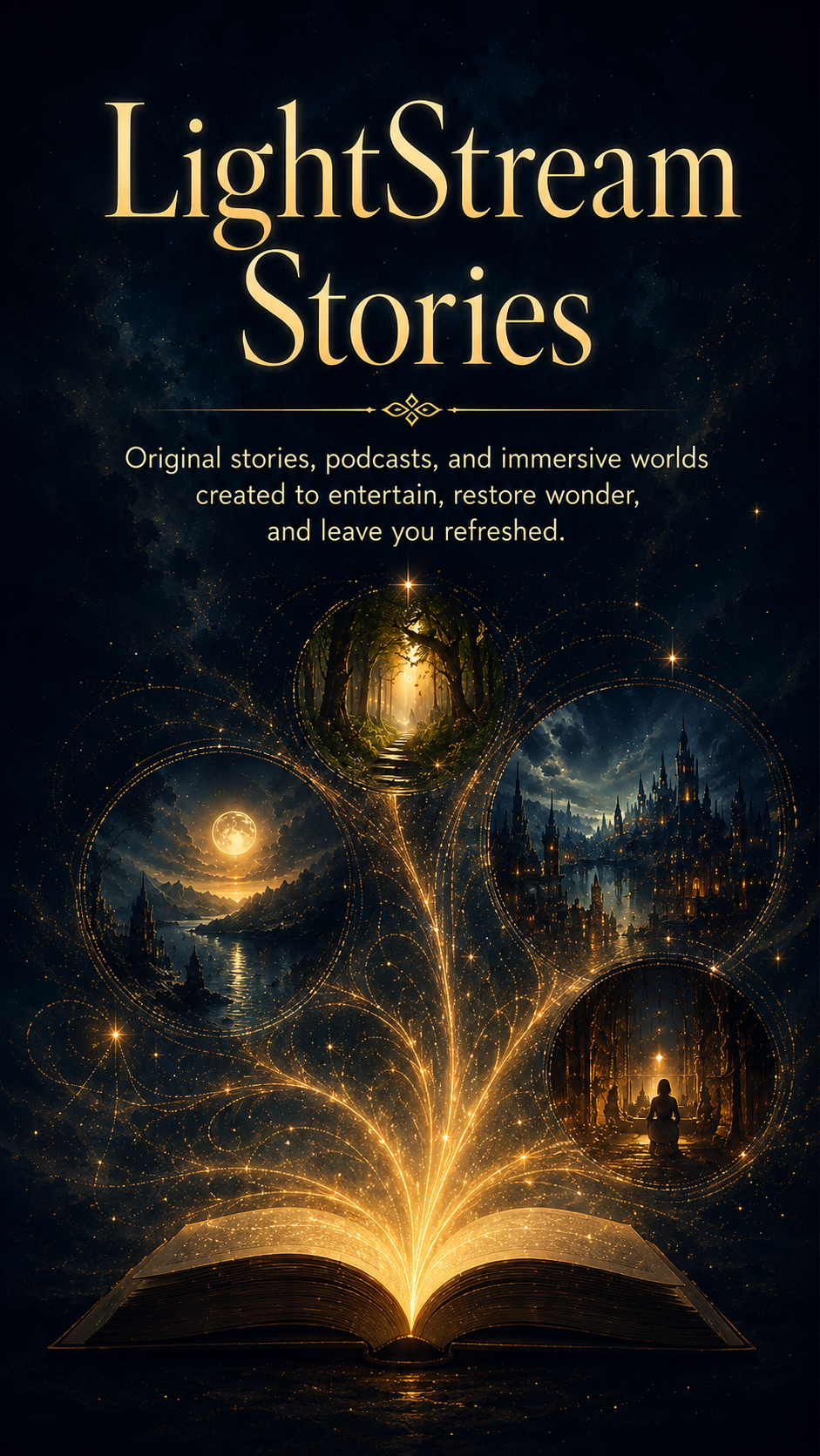 Dark fantasy style poster for Lightstream Stories, featuring an open book with glowing golden light emanating from its pages, forming interconnected scenes including a forest path at sunrise, a full moon over mountains and water, a castle cityscape, and a meditating person in a forest, all set against a starry night sky.