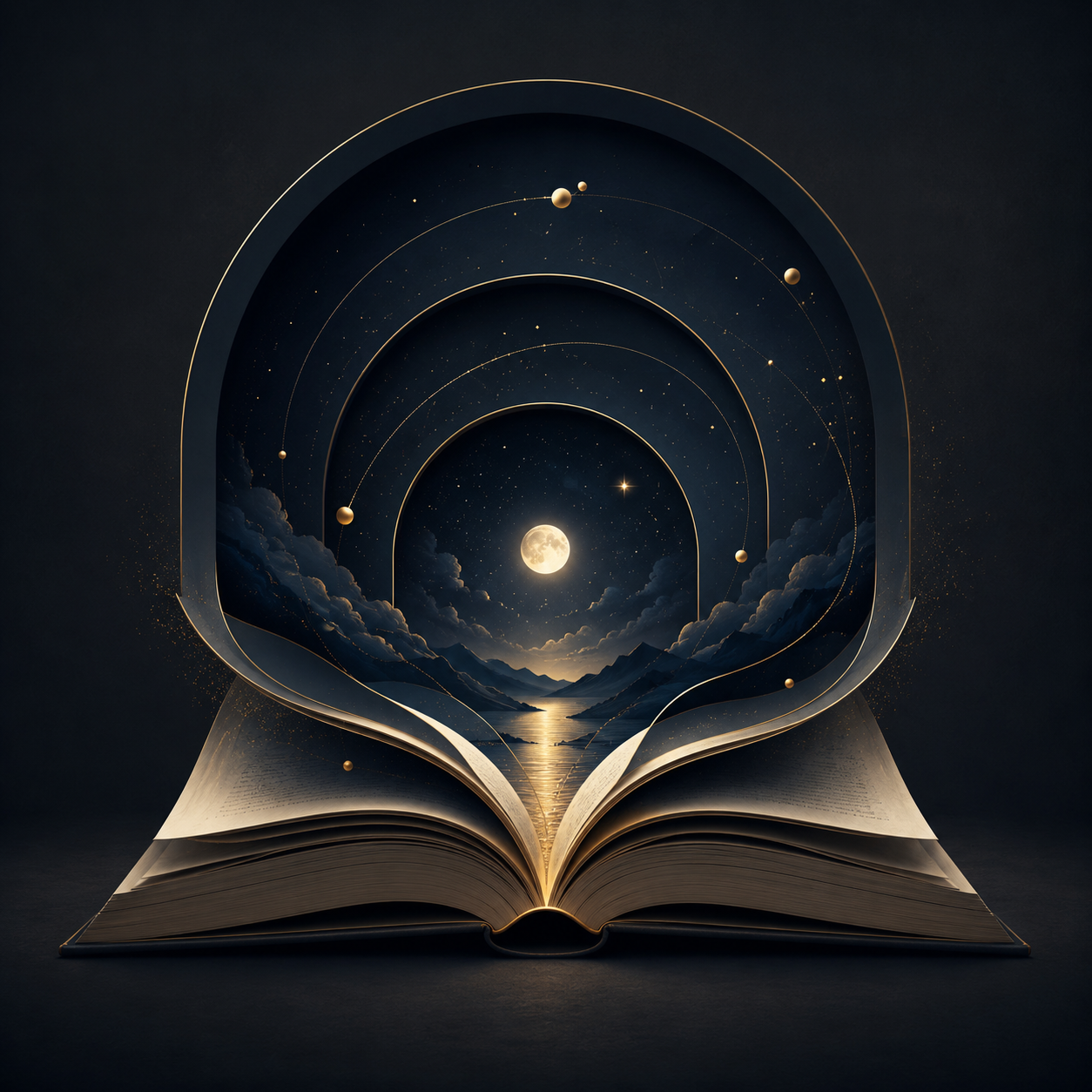 An open book with a scene of mountains, water, and a full moon inside it. The scene includes stars, clouds, and orbits of planets, creating a cosmic and magical atmosphere.