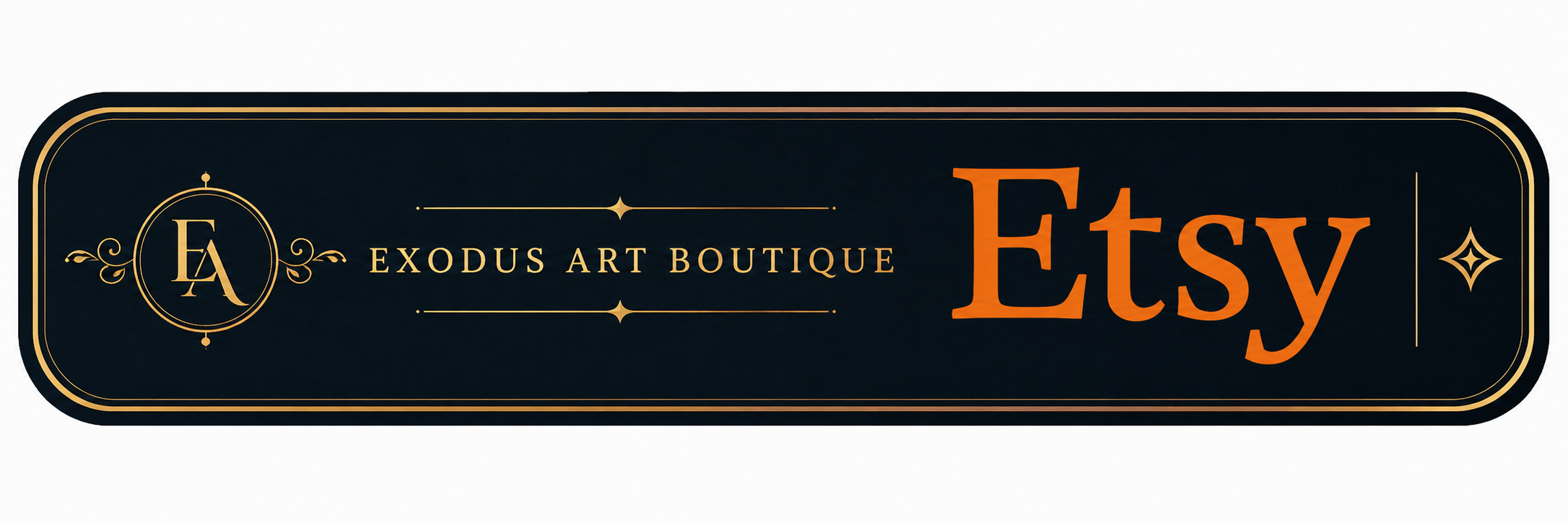 A black and gold sign reading 'Exodus Art Boutique' with the word 'Etsy' in orange.