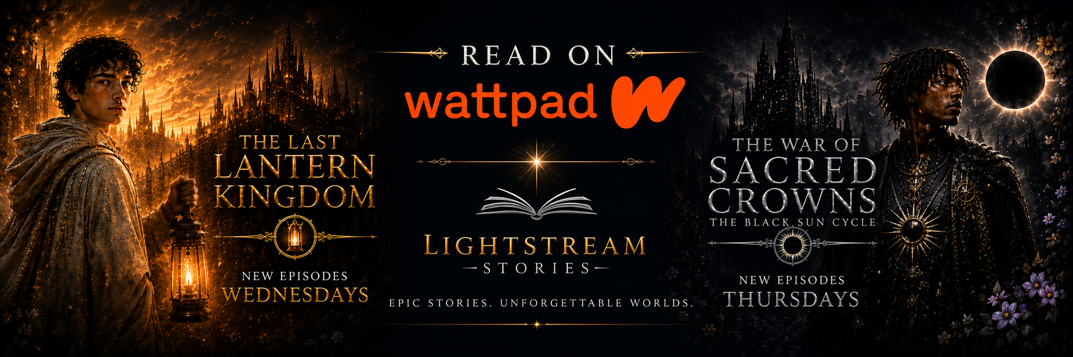 Digital banner advertisement promoting Wattpad stories. Left side features a young man with curly hair in a beige cloak holding a lantern, with a glowing castle background and text about 'The Last Lantern Kingdom' and new episodes on Wednesdays. Right side depicts another young man with dreadlocks in dark clothing, adorned with jewelry, with flowers and a dark castle background, promoting 'The War of Sacred Crowns' with new episodes on Thursdays. In the center, Wattpad logo and the text 'Read on Wattpad' and 'Lightstream Stories' with an open book icon.