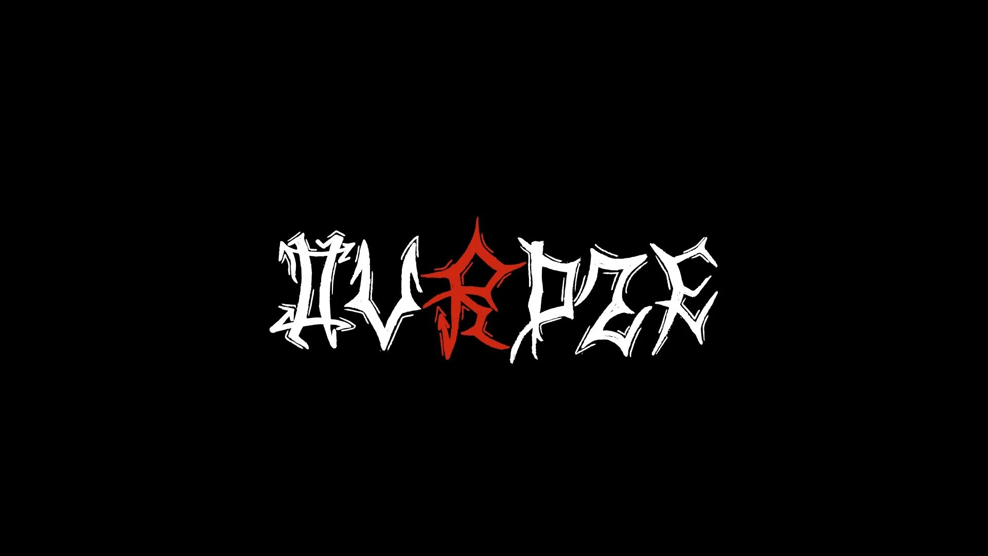 Stylized text with gothic font spelling 'HACRUE' in white, with a red symbol resembling a pentagram in the center, on a black background.