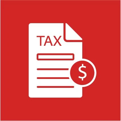 Icon of a tax document with a dollar sign, on a red background.