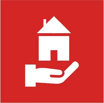 A white house icon with a chimney being held in a white hand on a red background.