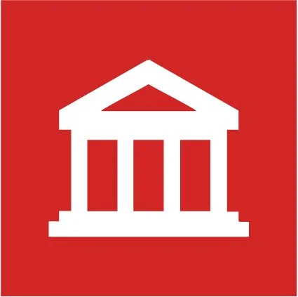 White depiction of a government or institutional building with columns on a red background.