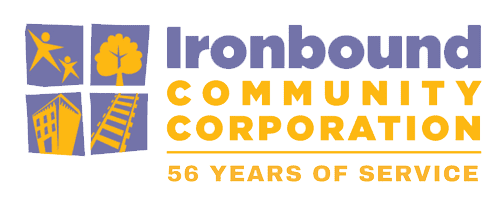 Logo of Ironbound Community Corporation with icons of a person, a tree, a building, and stairs, and text highlighting 56 years of service.