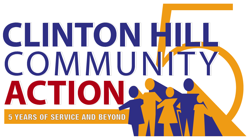 Logo for Clinton Hill Community Action celebrating 5 years of service with stylized figures of diverse people and the number 5.