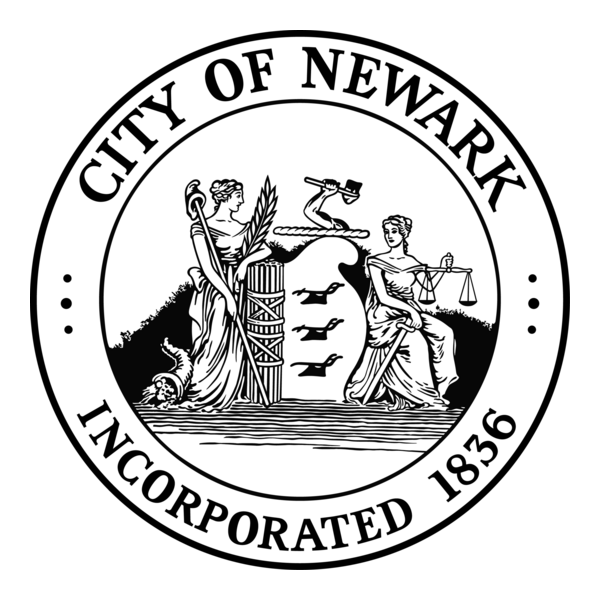Seal of the City of Newark featuring two seated women, one holding a staff and the other holding scales, with mountains, a river, and birds in the background, and the text 'City of Newark' and 'Incorporated 1836'.