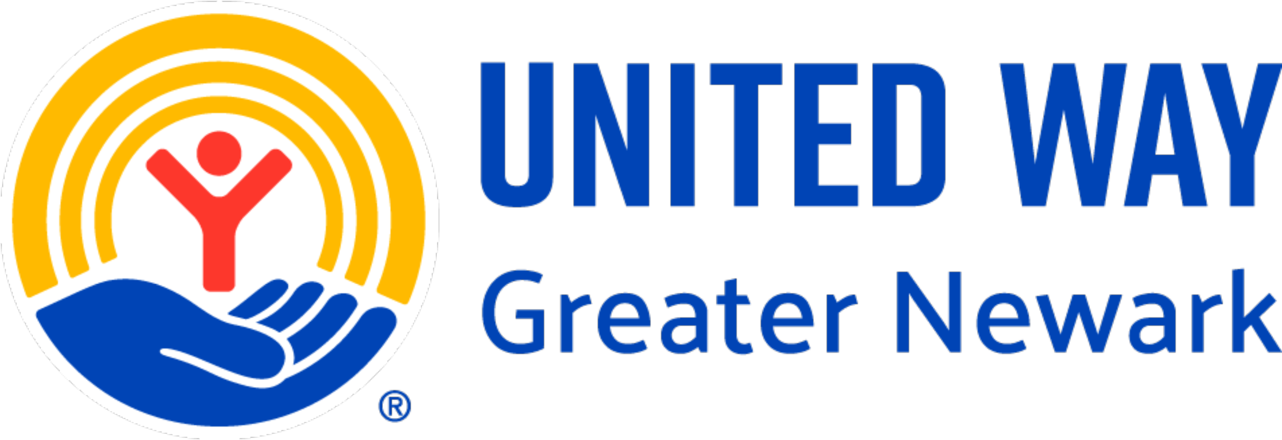 United Way Greater Newark logo featuring a red person inside an umbrella with yellow rays and blue waves.