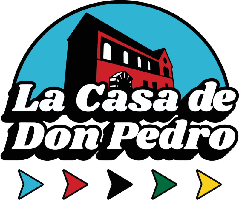 Logo of La Casa de Don Pedro featuring a stylized red and black building and colorful arrows beneath the text.