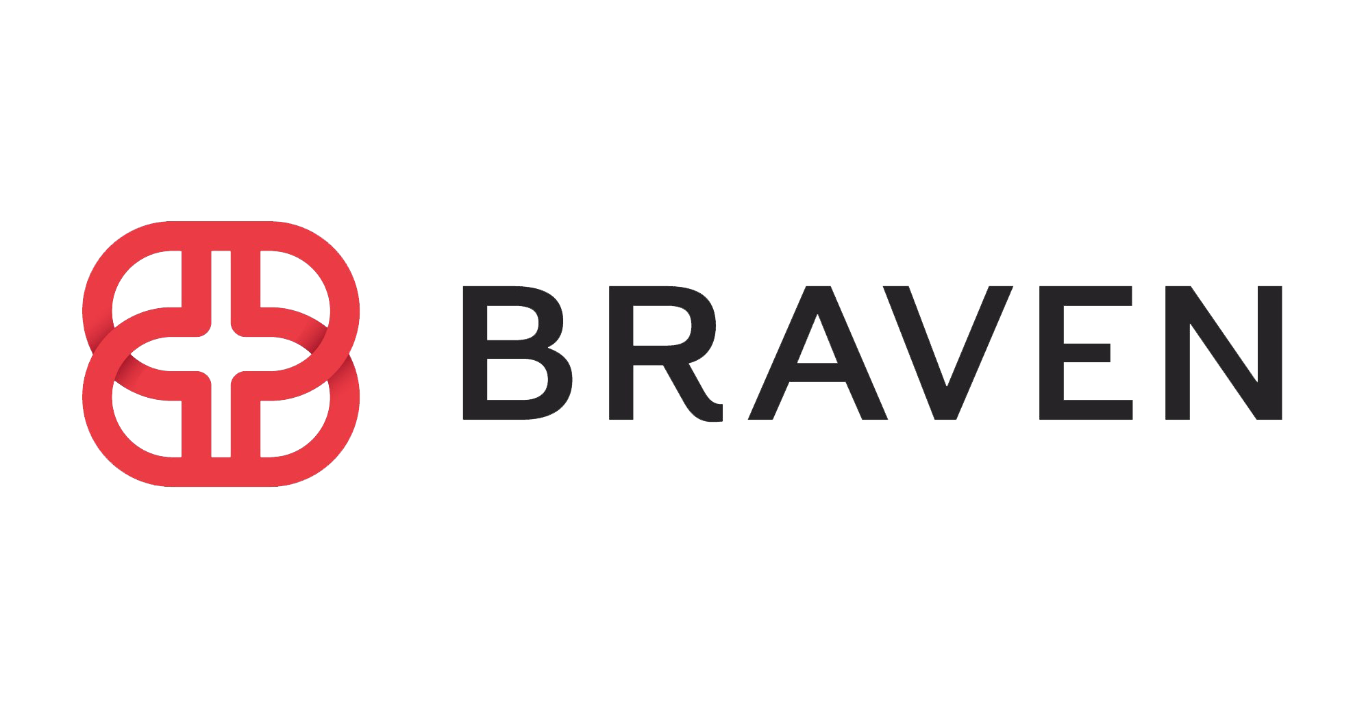 Logo with red interconnected shapes resembling four hearts around a cross, and the word 'BRAVEN' in bold black letters beside it.