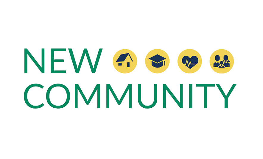 Text says "New Community" with icons representing housing, education, health, and social connections above