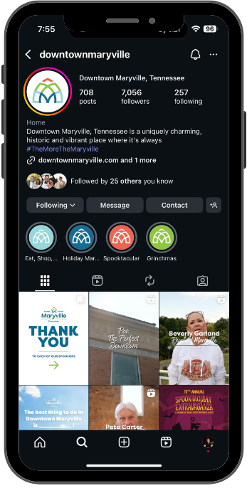Instagram profile page for Downtown Maryville, Tennessee, showing 708 posts, 7,056 followers, and 257 following, with profile description, highlights, and recent posts.