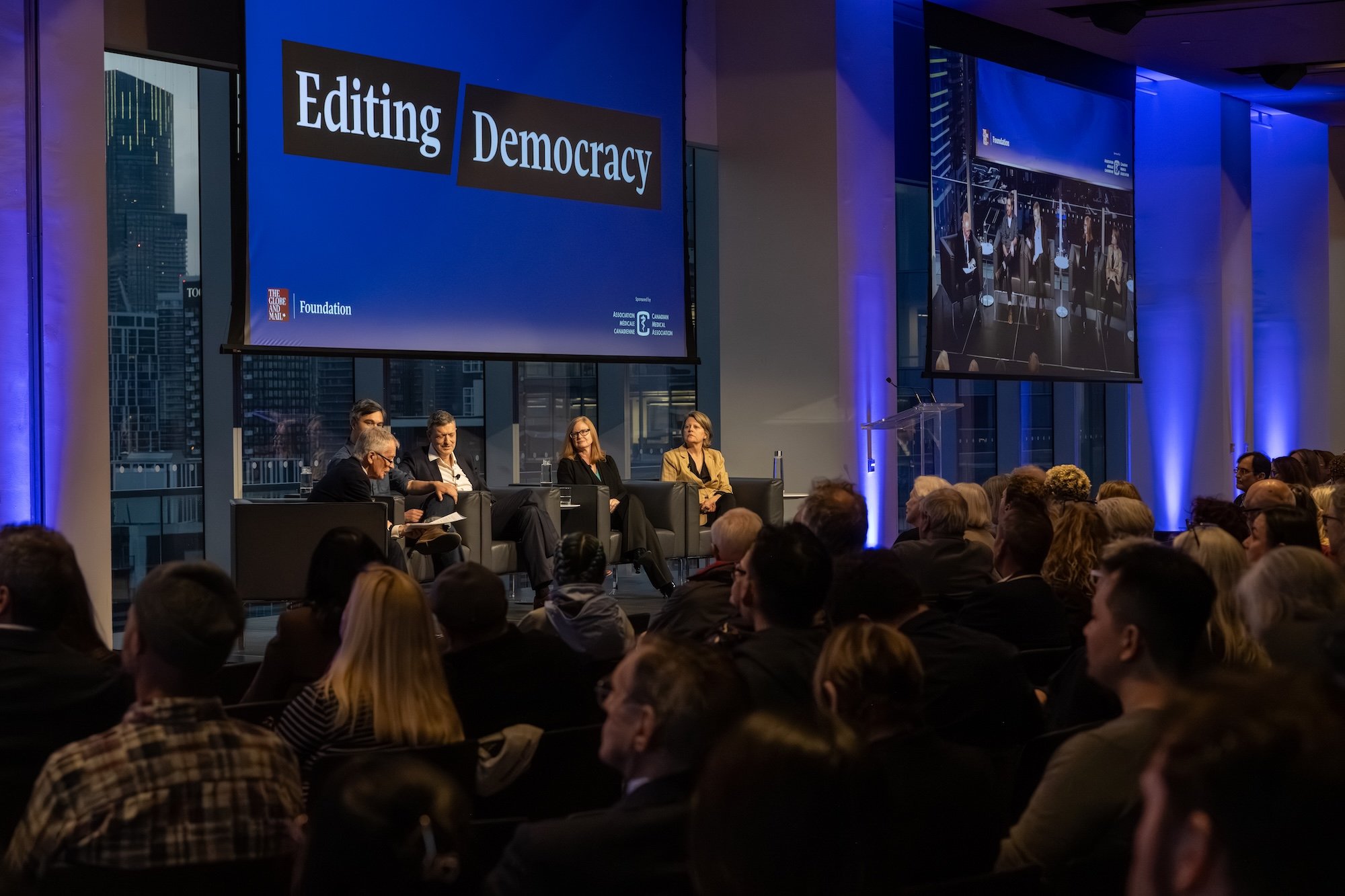A panel of speakers at the Editing Democracy event.