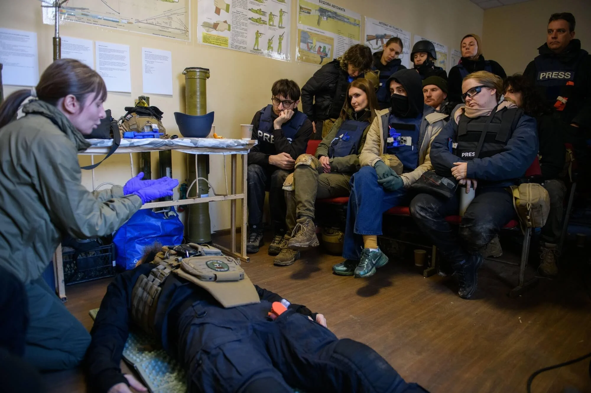 Ukrainian journalists receive first-aid training from instructors with the 2402 Foundation, in a course supported by The Globe and Mail Foundation.