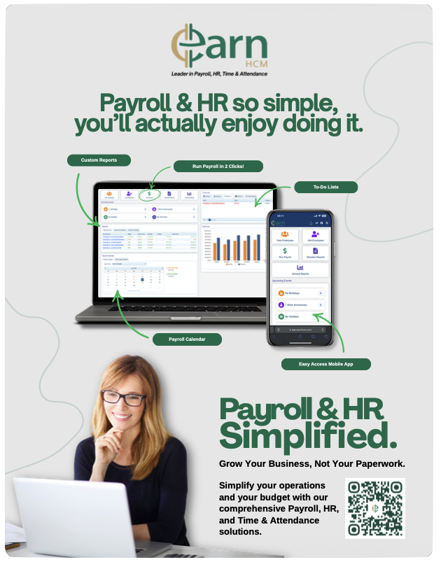 Advertisement for Earn HCM payroll and HR software, showing a laptop and mobile app with features like custom reports, payroll calendar, run payroll in 2 clicks, to-do lists, and mobile access. Includes a smiling woman with a laptop and a QR code.