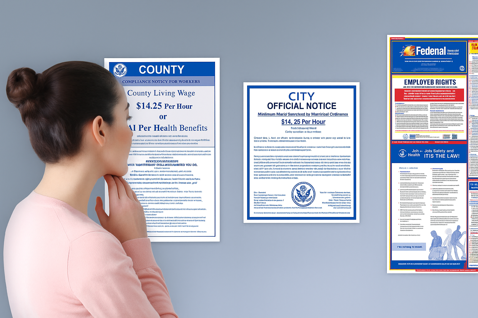 A woman wearing a pink shirt looking at three posters on a grey wall. The posters include official notices about county living wages, city ordinances, and employment rights.