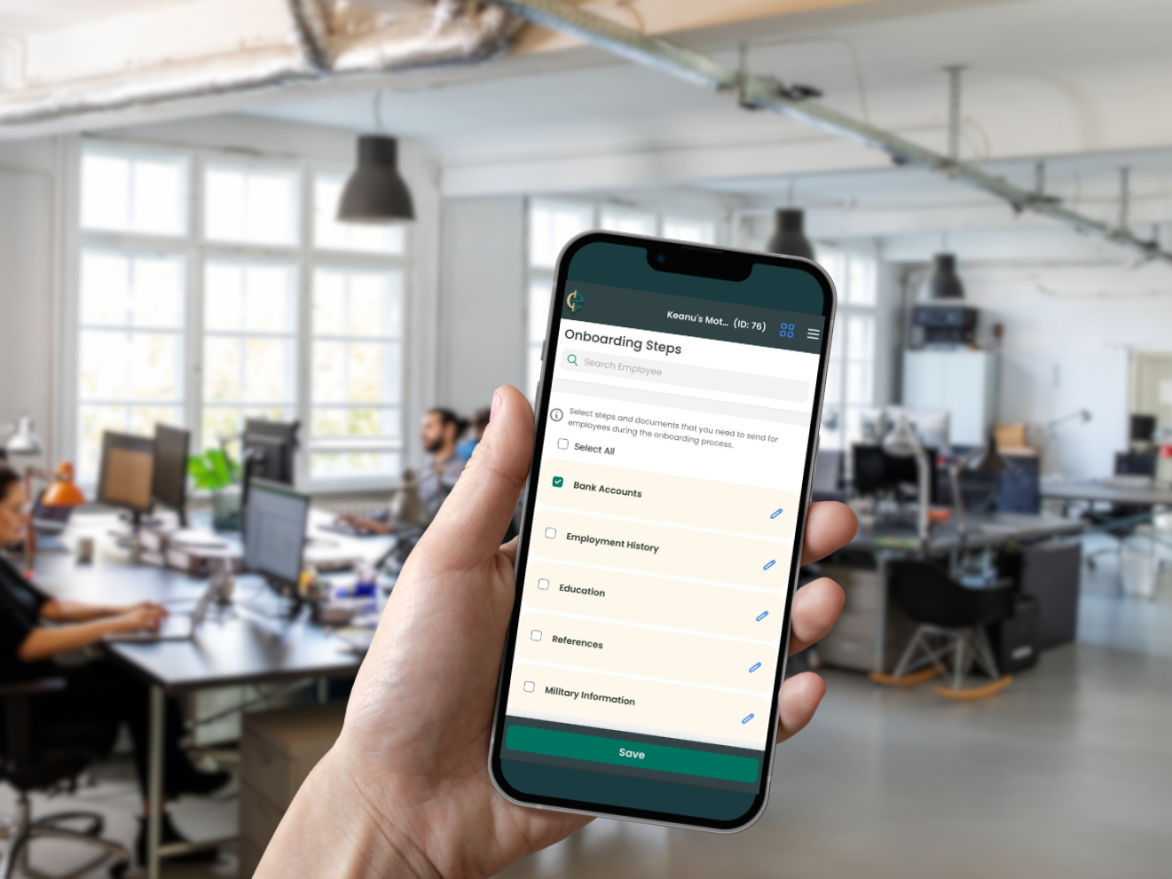 Person holding a smartphone displaying an onboarding steps form in an office environment with employees working at desks and large windows in the background.
