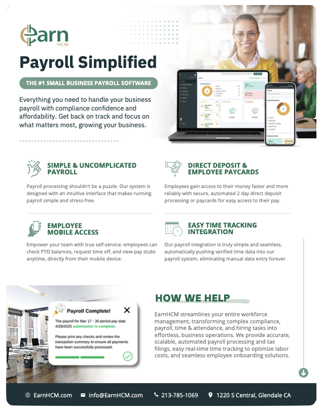 A flyer for EarnHCM payroll software features a smiling woman with glasses in an office environment, a laptop and smartphone displaying the software interface, and information about payroll services, mobile access, direct deposit, and time tracking.