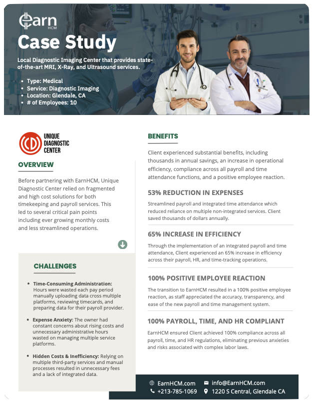Case study flyer for EarnHCM, a diagnostic imaging center in Glendale, CA, featuring two male doctors in a hospital setting, with text detailing services, benefits, challenges, and contact information.