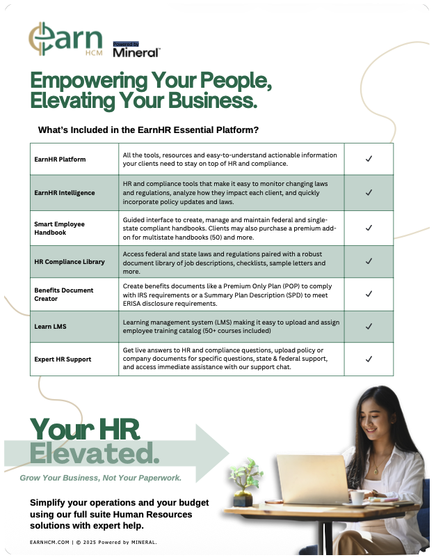 Flyer detailing EarnHR platform features and benefits, including tools for HR compliance, intelligence, employee handbook, document library, LMS, and support, with a woman working on a laptop at a desk.