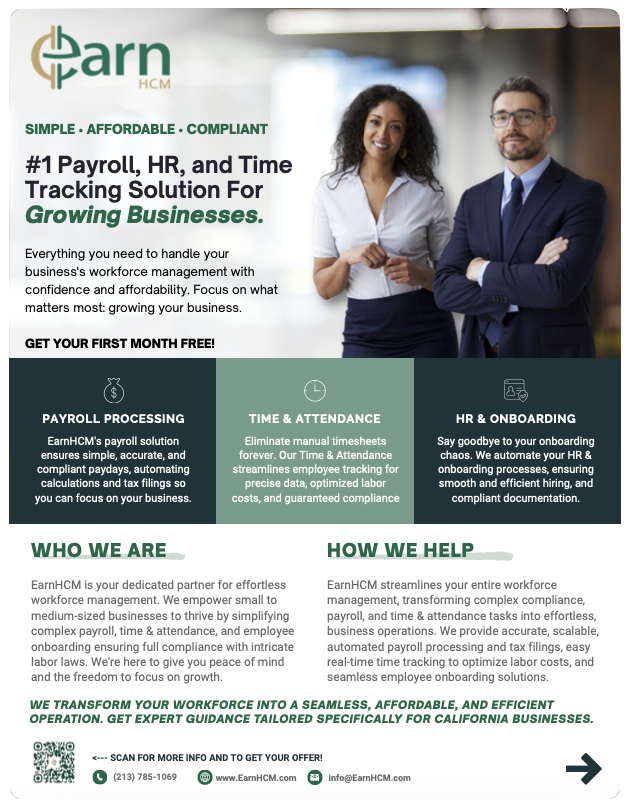 Flyer for EarnHCM, a payroll, HR, and time tracking solution for growing businesses, featuring a woman and a man in professional attire smiling.