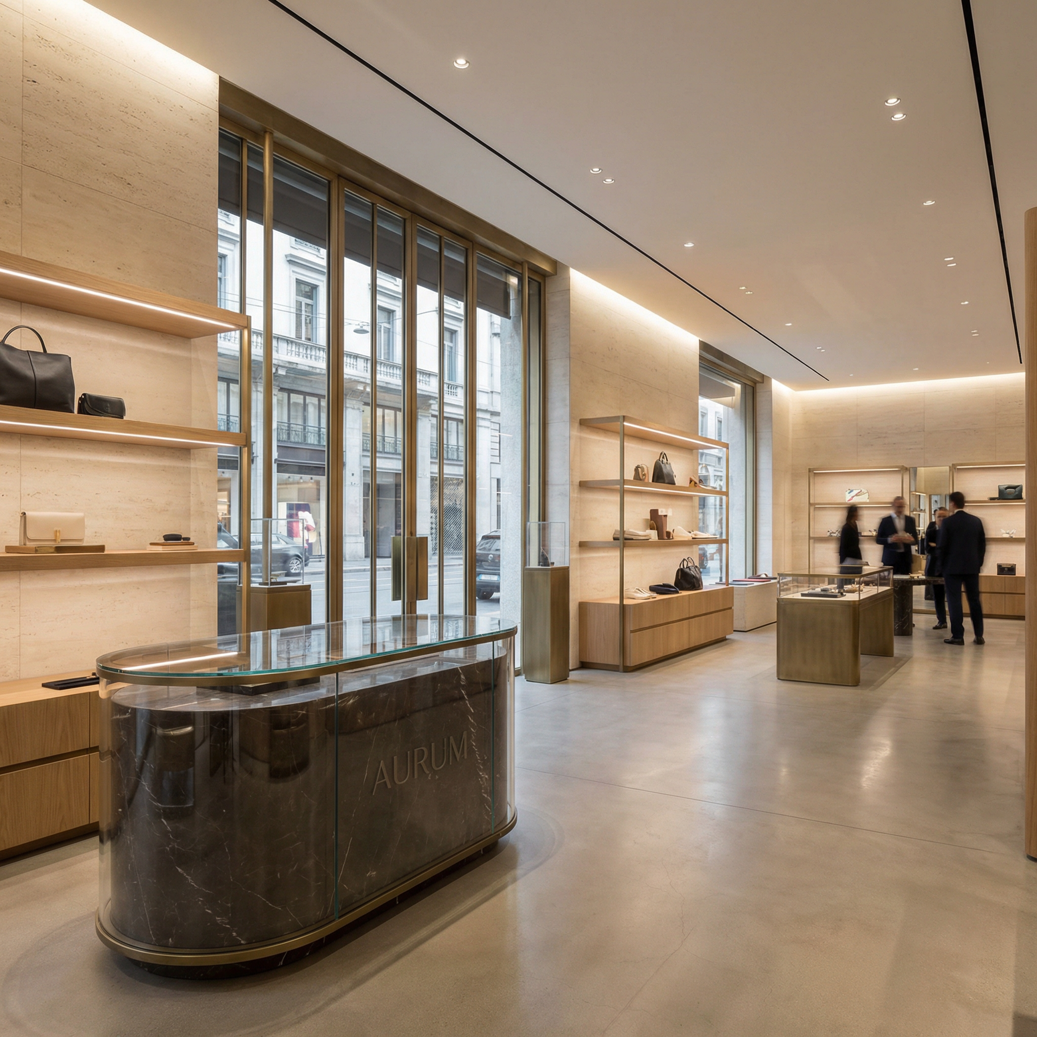Inside a luxury jewelry store with glass display cases, wooden shelves, and a beige tiled wall. Several customers and staff are in the background