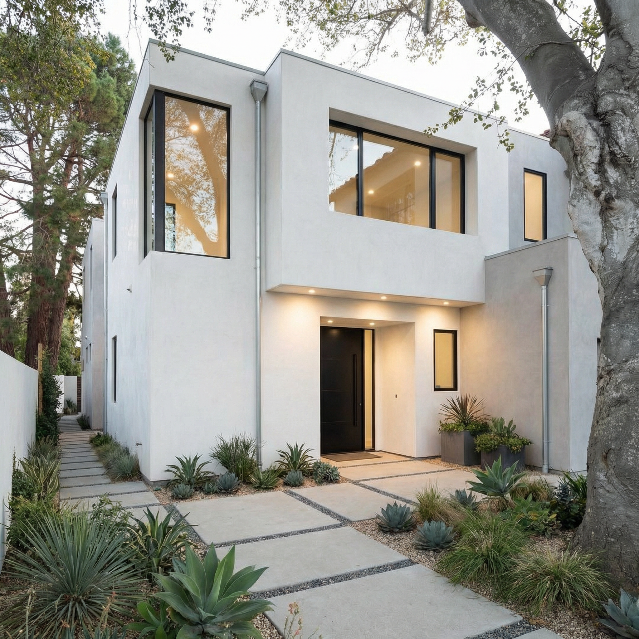 Modern two-story white house with large windows, black door, landscaped front yard with succulents and trees, and a pathway leading to the entrance.