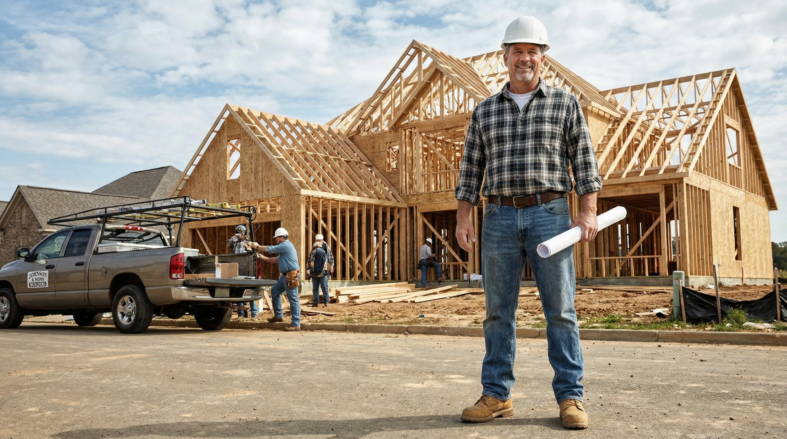 Construction worker standing in front of a house under construction holding blueprints, with a team working on framing the house in the background.