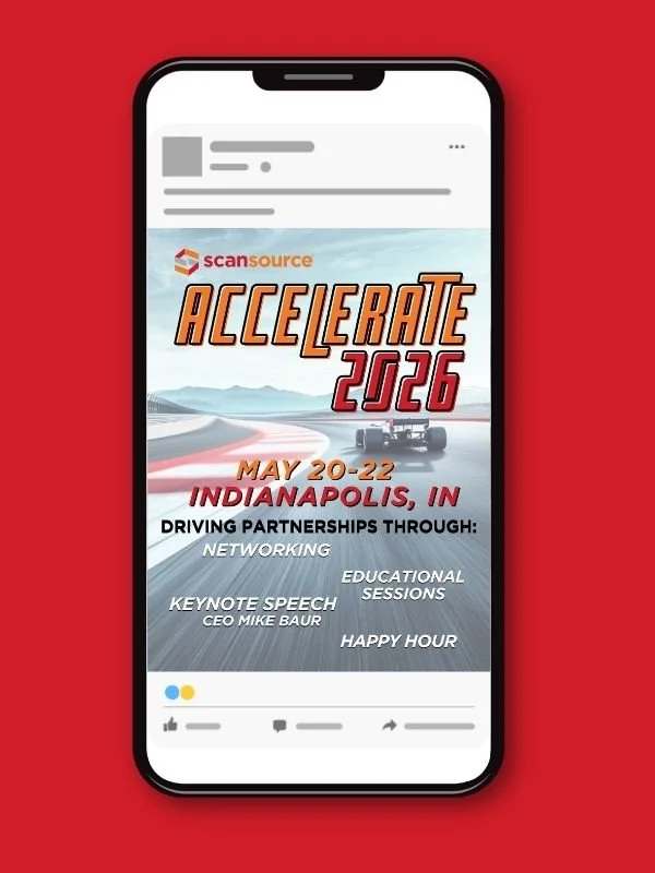 Smartphone displaying digital flyer for the 2026 Accelerate event in Indianapolis, Indiana from May 20-22, including information on driving partnerships, networking, educational sessions, keynote speech by CEO Mike Baur, and happy hour.