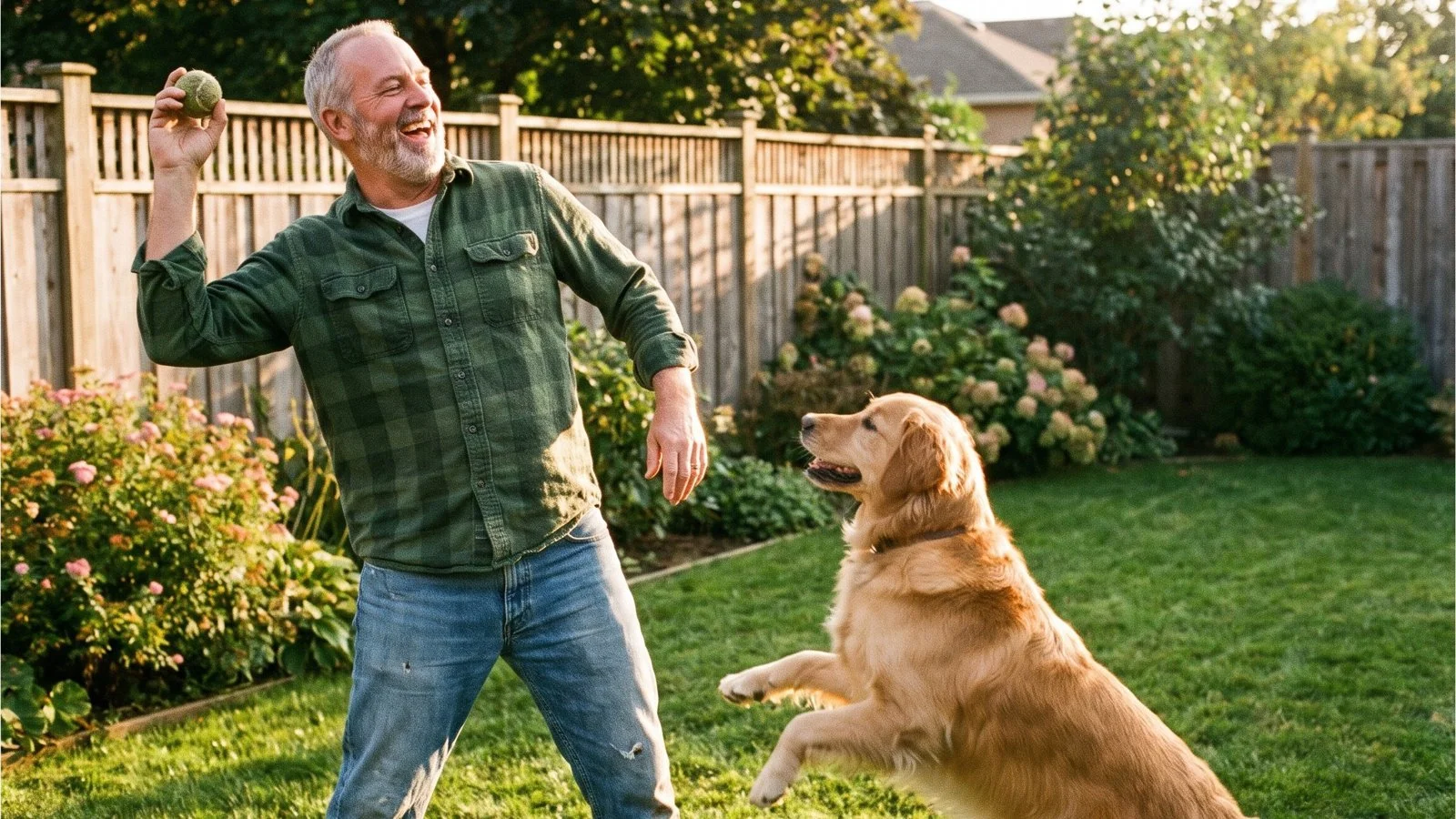 Man laughing as he throws a ball for his dog in a sunny backyard, enjoying an active afternoon