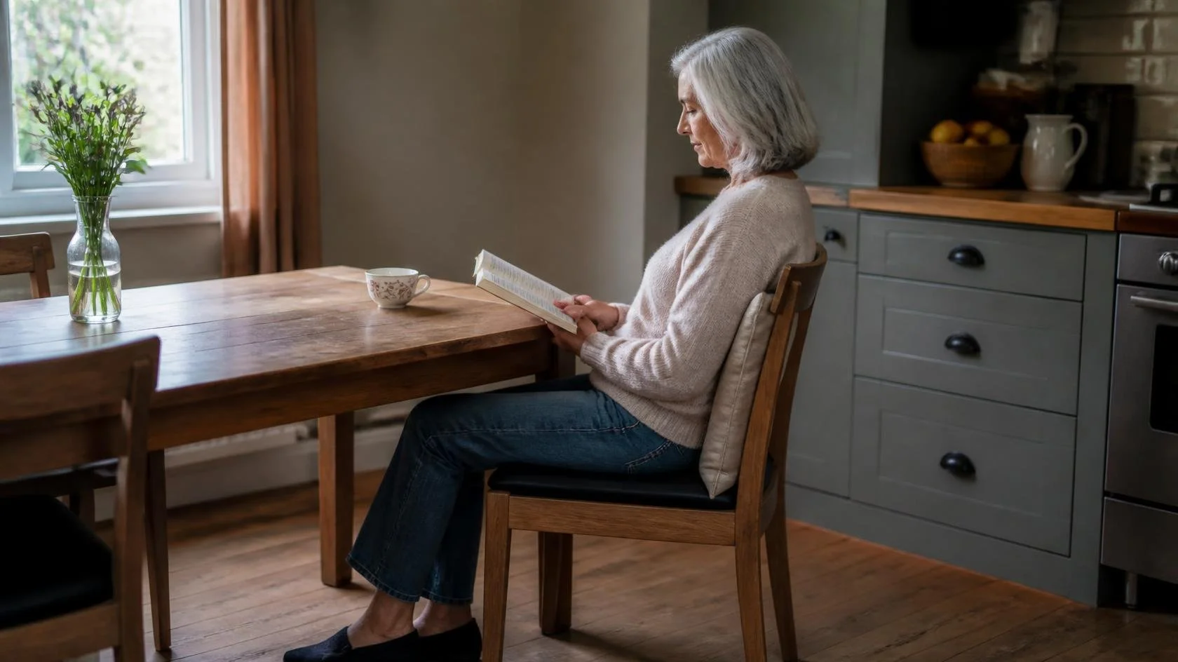 Woman in her sixties sitting at a wooden kitchen table, reading a book