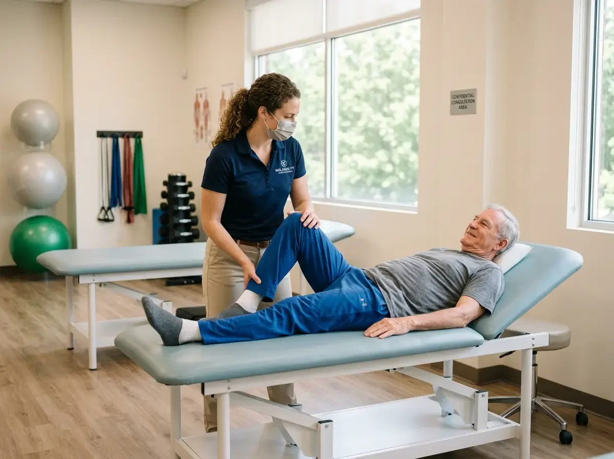 Pelvic floor physical therapist working with patient in comfortable, professional setting