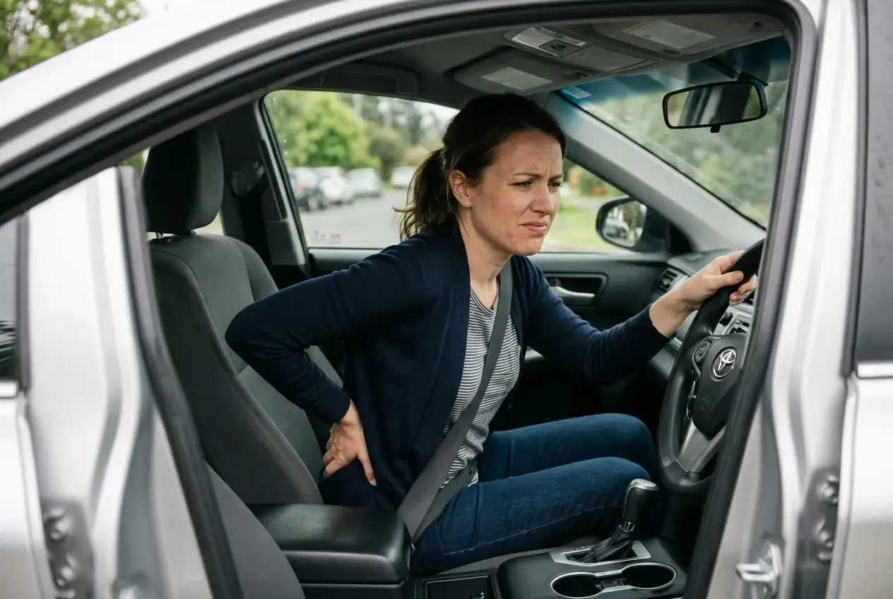 Person in a car experiencing pelvic pain from sitting with endometriosis