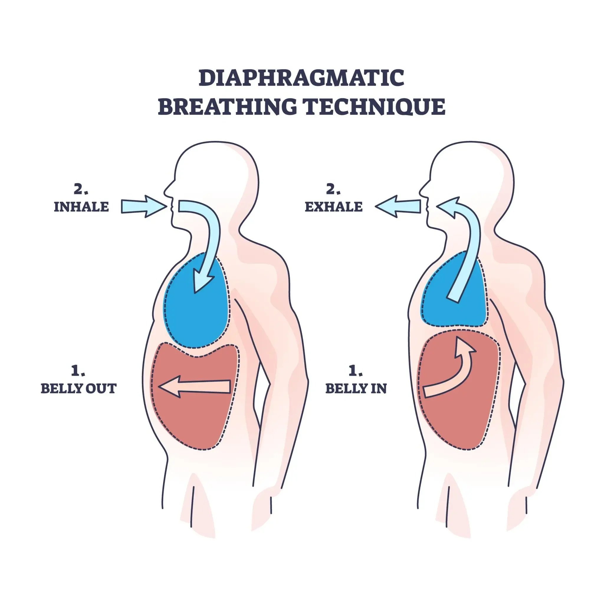 Diagram showing proper diaphragmatic breathing technique for pain relief