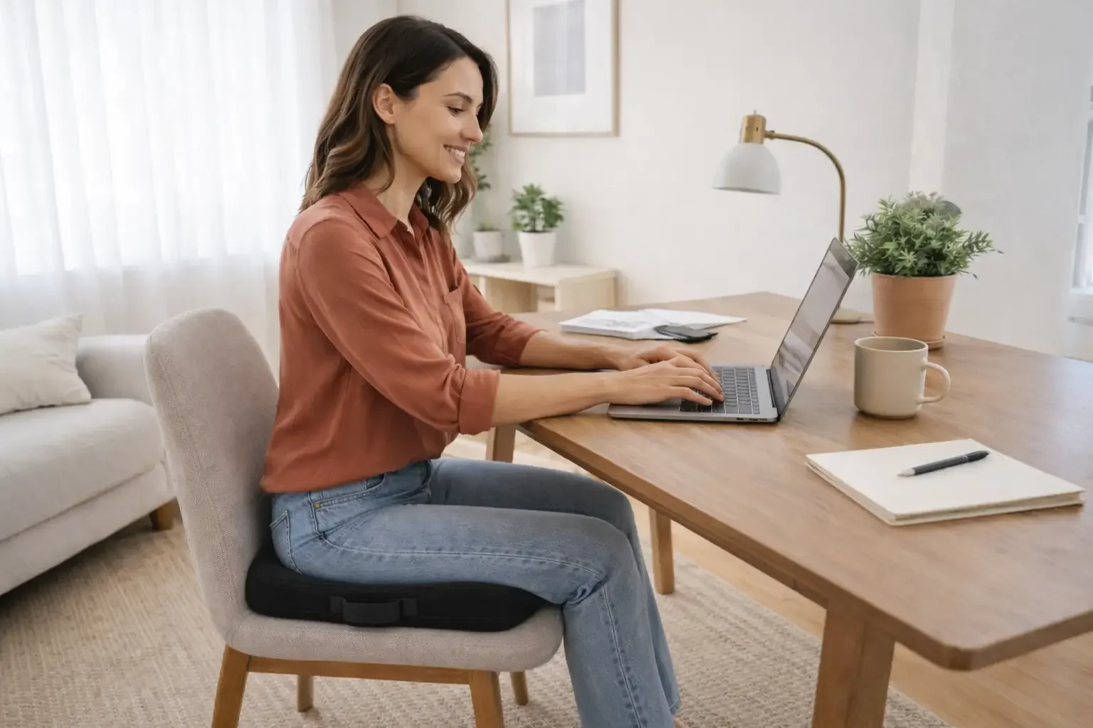 Woman sitting comfortably at desk using Twin Cheeks pelvic pain cushion