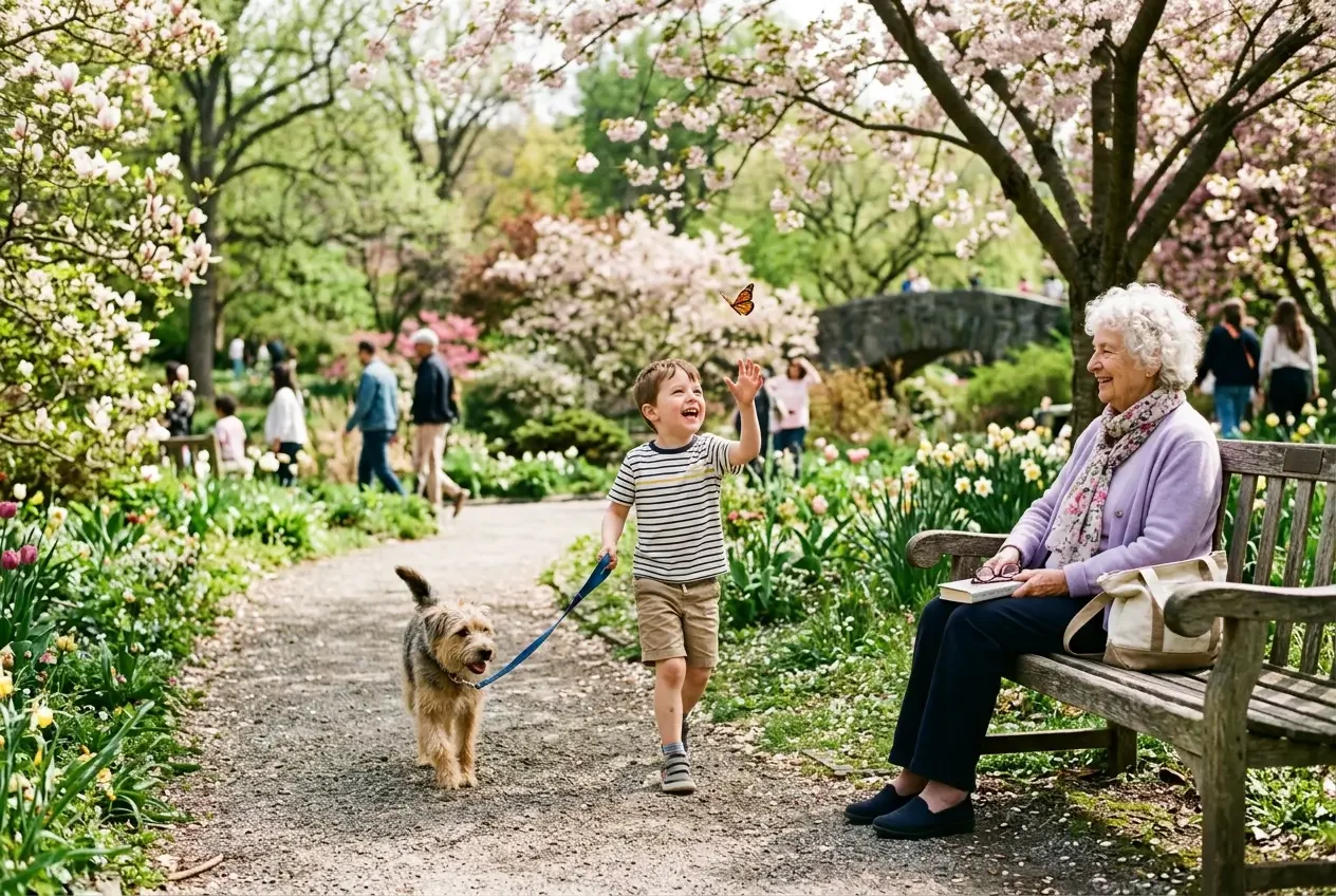 Elderly woman sitting on a park bench watching a young boy walk a dog through a sunny spring park