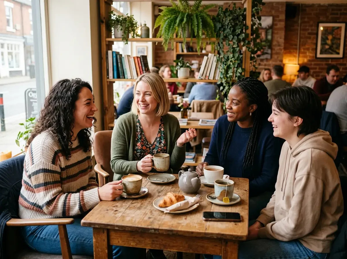 Small group of women sitting together in a casual indoor setting, talking warmly over coffee and tea