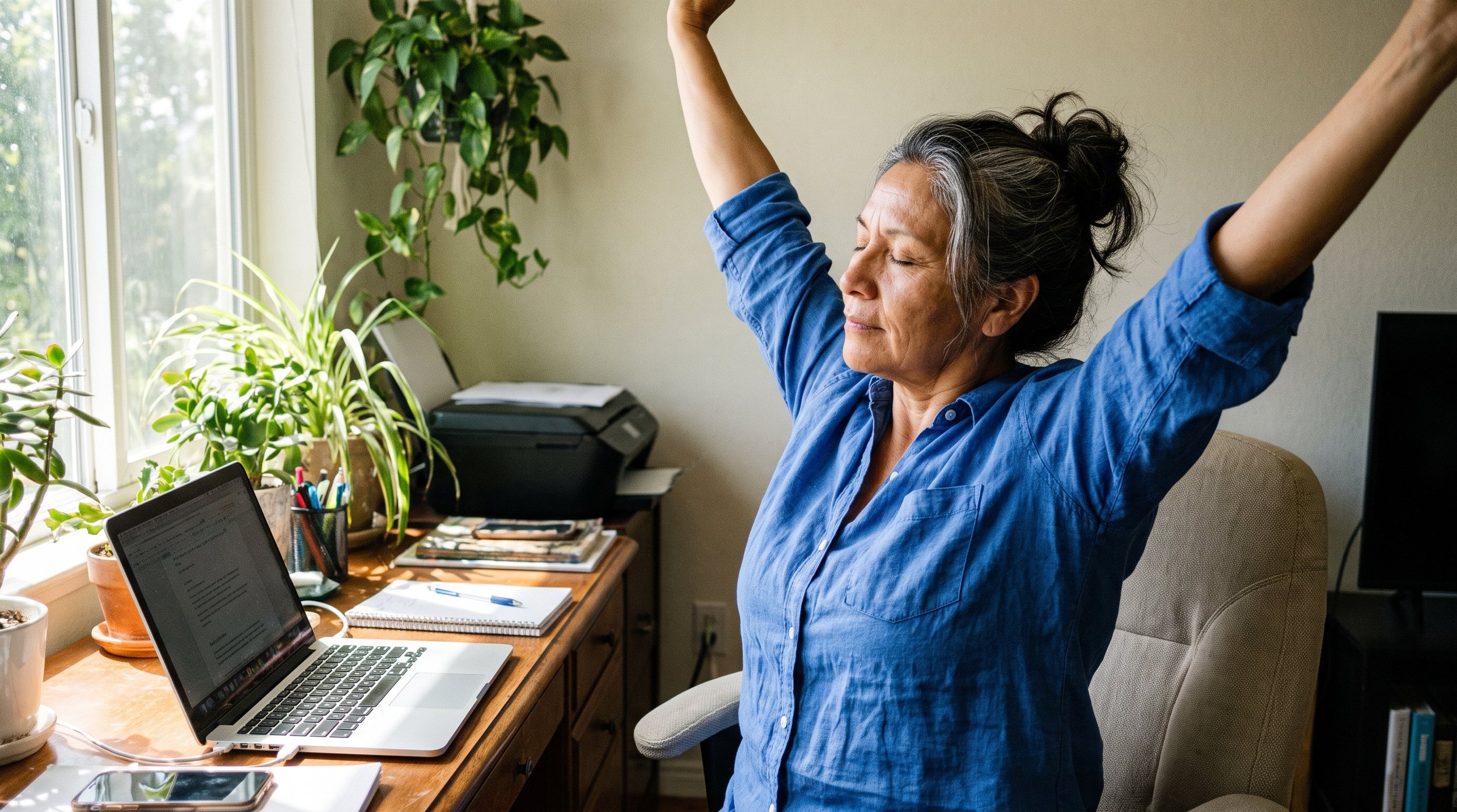 Woman in her 50s standing up from her desk to stretch in a sunny home office
